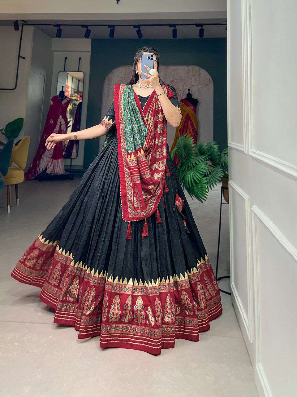 Women's Stitched Ethnic Lehenga Choli with Zari Border and Contrast Dupatta
