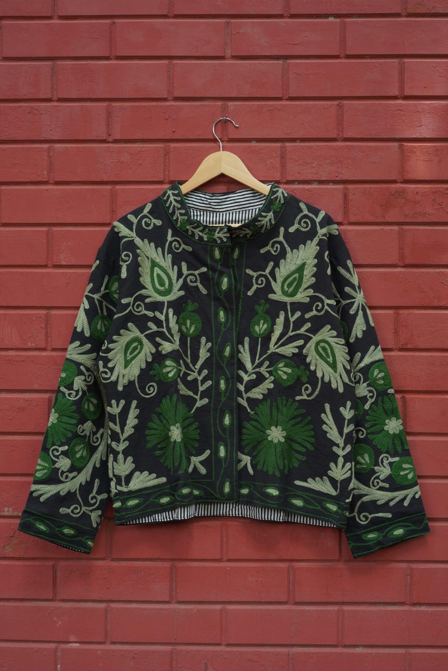 Womens Black Velvet Embroidered Jacket with Floral Design